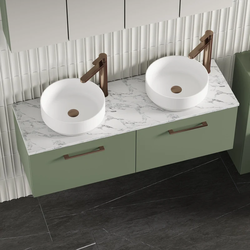Lana 1200mm Wall Hung 2 Drawer Vanity Unit & Carrera Marble Laminate Worktop - Green Satin