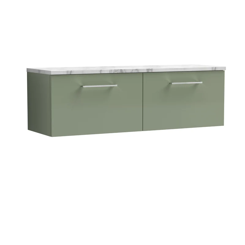 Lana 1200mm Wall Hung 2 Drawer Vanity Unit & Carrera Marble Laminate Worktop - Green Satin