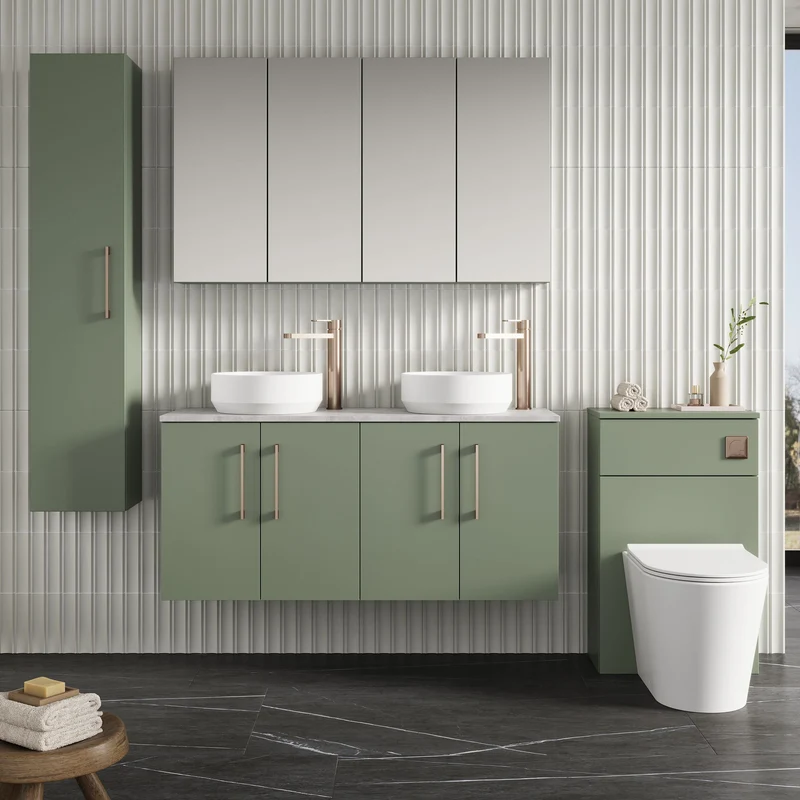 Lana 1200mm Wall Hung 4 Door Vanity Unit & Bellato Grey Laminate Worktop - Green Satin