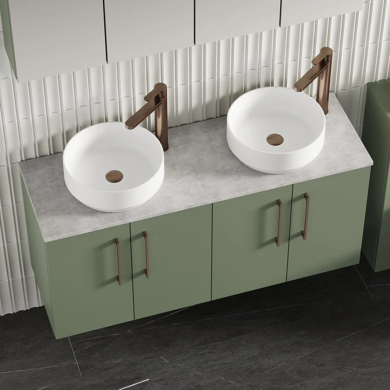 Lana 1200mm Wall Hung 4 Door Vanity Unit & Bellato Grey Laminate Worktop - Green Satin