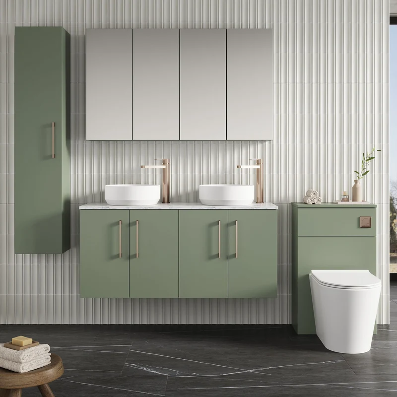 Lana 1200mm Wall Hung 4 Door Vanity Unit & Carrera Marble Laminate Worktop - Green Satin