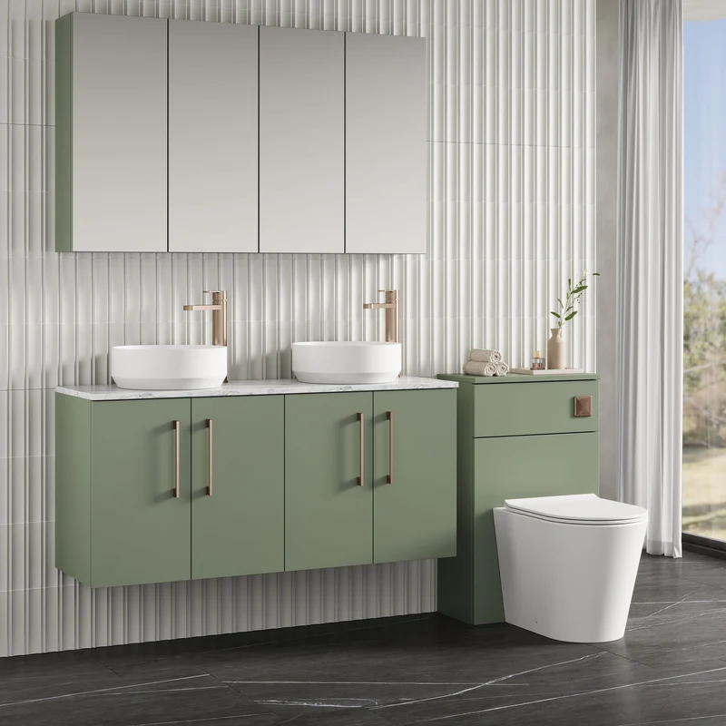 Lana 1200mm Wall Hung 4 Door Vanity Unit & Carrera Marble Laminate Worktop - Green Satin