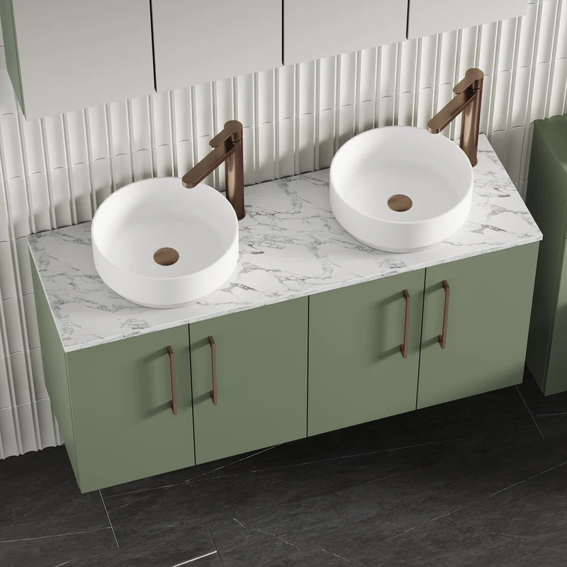 Lana 1200mm Wall Hung 4 Door Vanity Unit & Carrera Marble Laminate Worktop - Green Satin