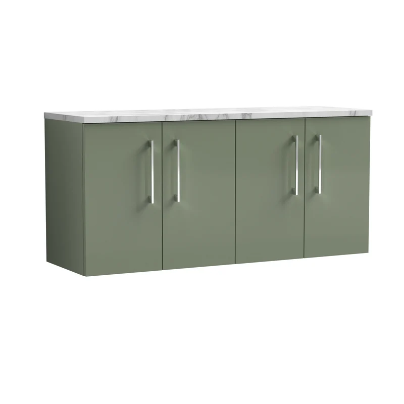 Lana 1200mm Wall Hung 4 Door Vanity Unit & Carrera Marble Laminate Worktop - Green Satin