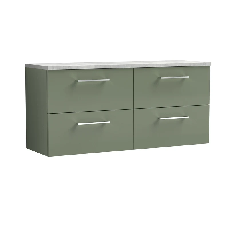 Lana 1200mm Wall Hung 4 Drawer Vanity Unit & Bellato Grey Laminate Worktop - Green Satin