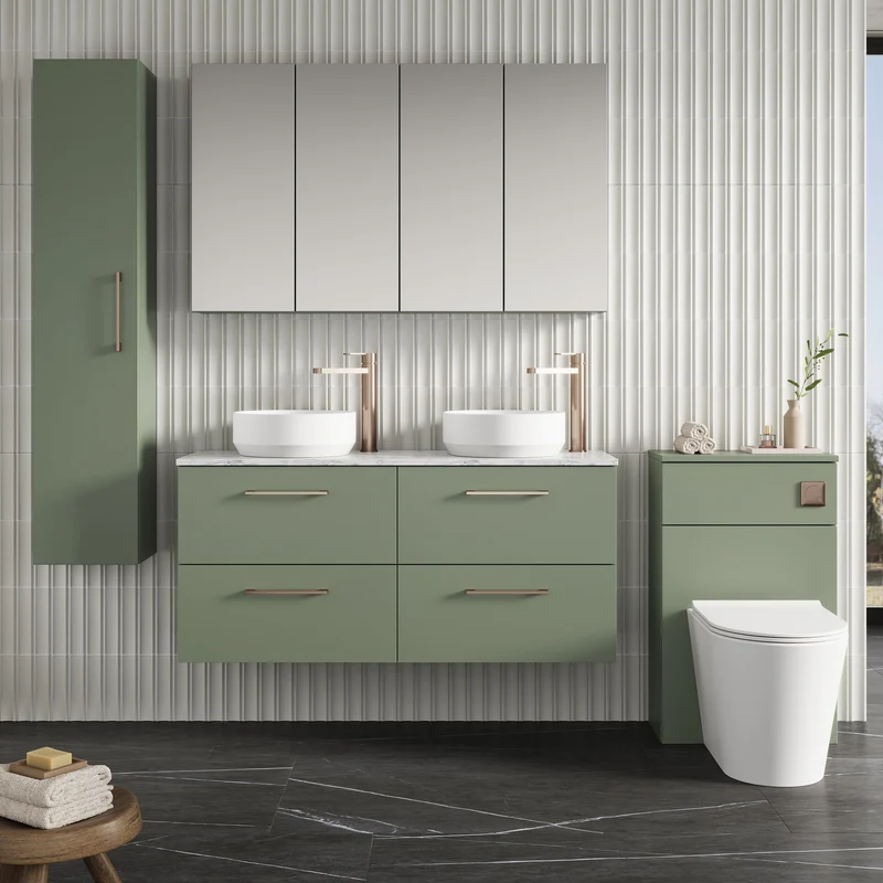Lana 1200mm Wall Hung 4 Drawer Vanity Unit & Carrera Marble Laminate Worktop - Green Satin