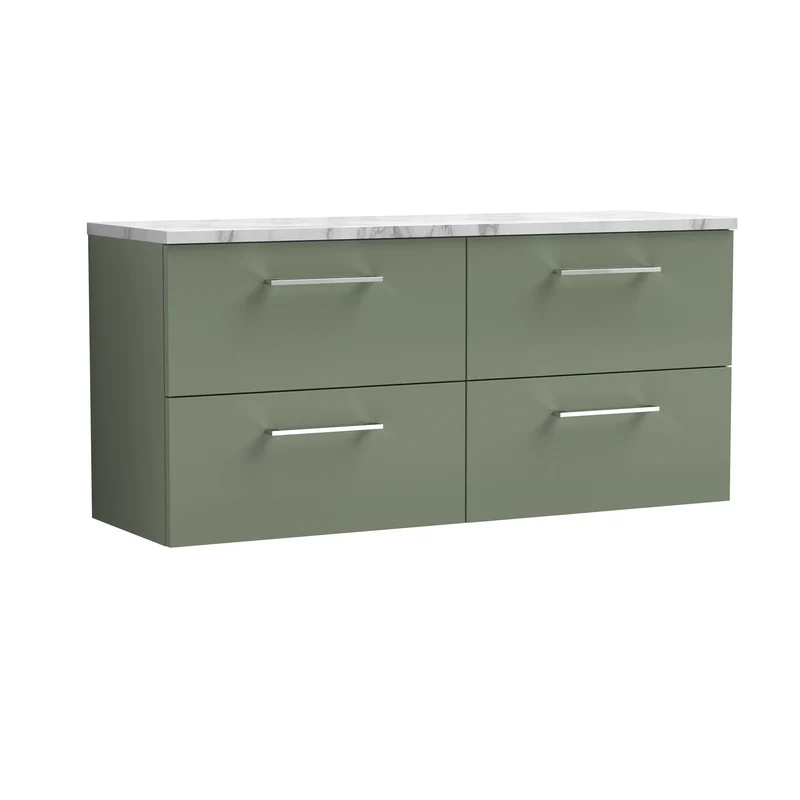 Lana 1200mm Wall Hung 4 Drawer Vanity Unit & Carrera Marble Laminate Worktop - Green Satin