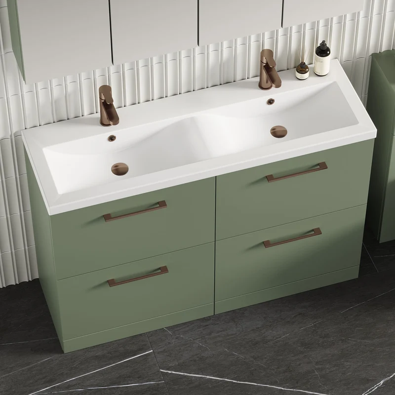 Lana 1200mm Floor Standing 4 Drawer Vanity Unit & Double Ceramic Basin - Green Satin