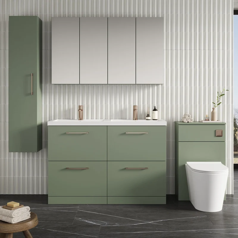 Lana 1200mm Floor Standing 4 Drawer Vanity Unit & Double Polymarble Basin - Green Satin