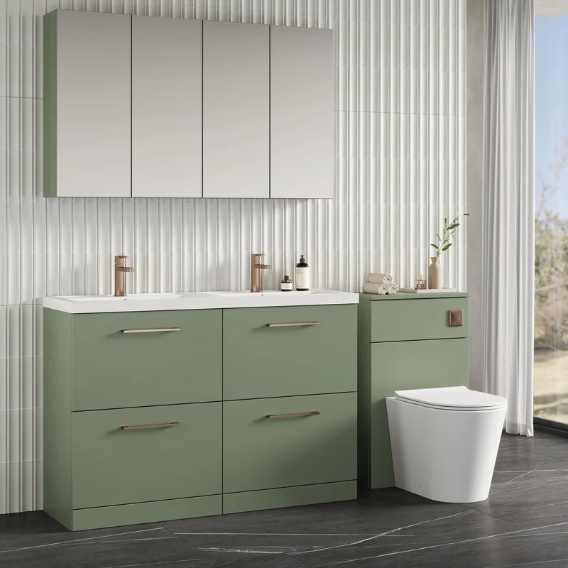 Lana 1200mm Floor Standing 4 Drawer Vanity Unit & Double Polymarble Basin - Green Satin