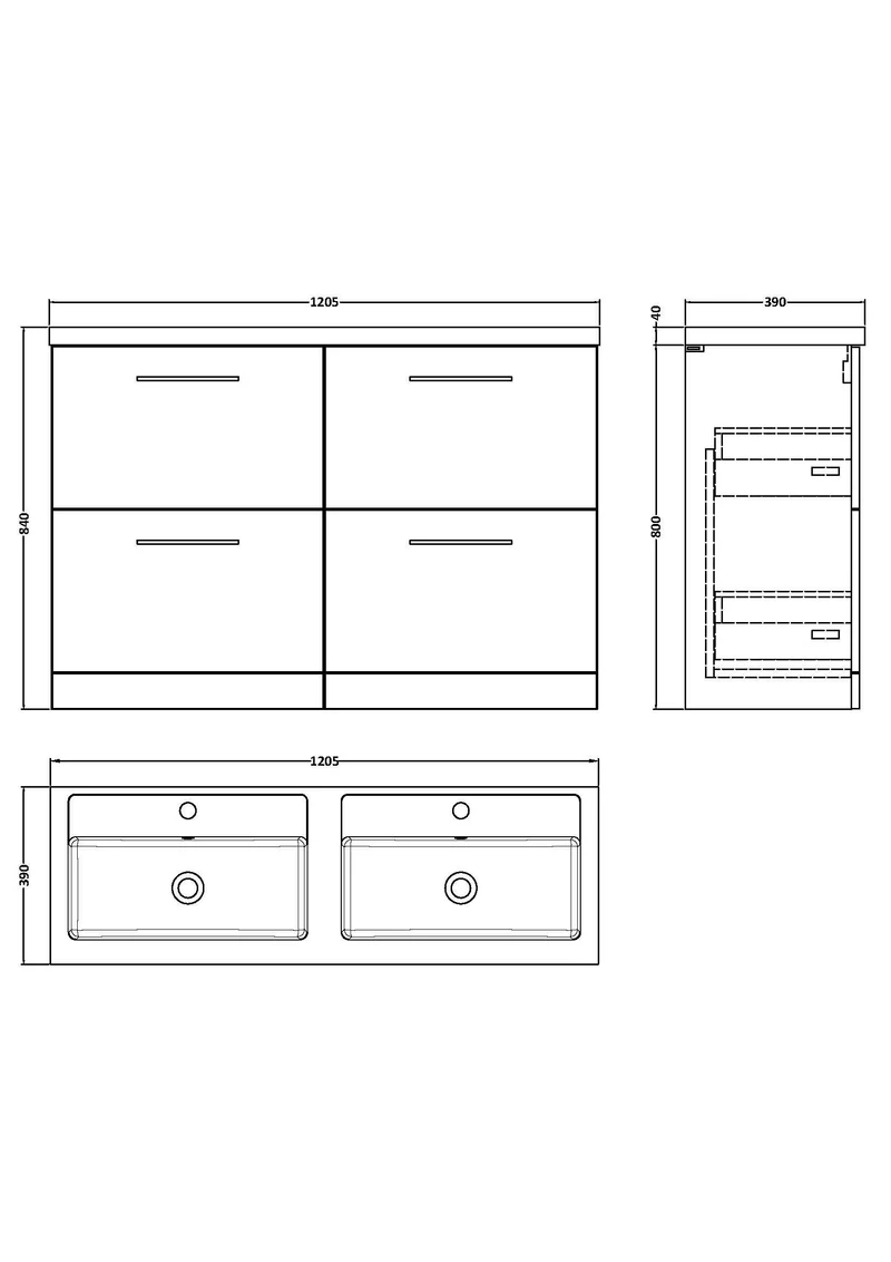 Lana 1200mm Floor Standing 4 Drawer Vanity Unit & Double Polymarble Basin - Green Satin