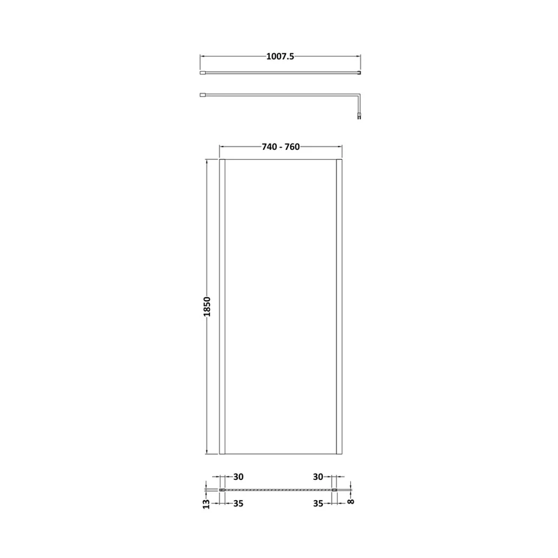 Nuie 760mm Wetroom Screen Outer Frame 1850x8mm - Brushed Pewter Contemporary Aluminium 1850x758x13mm