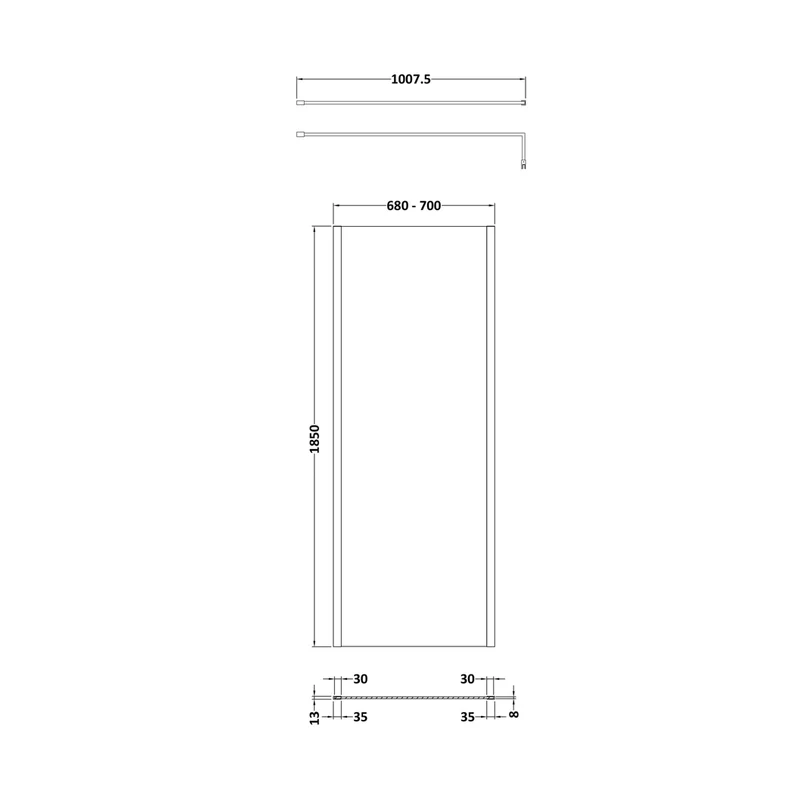 Nuie 700mm Wetroom Screen Outer Frame 1850x8mm - Brushed Pewter Contemporary Aluminium 1850x698x13mm