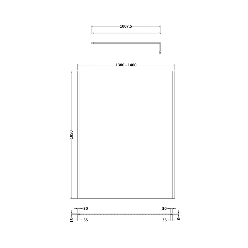 Nuie 1400mm Wetroom Screen Outer Frame 1850x8mm - Brushed Pewter Contemporary Aluminium 1850x1398x13mm