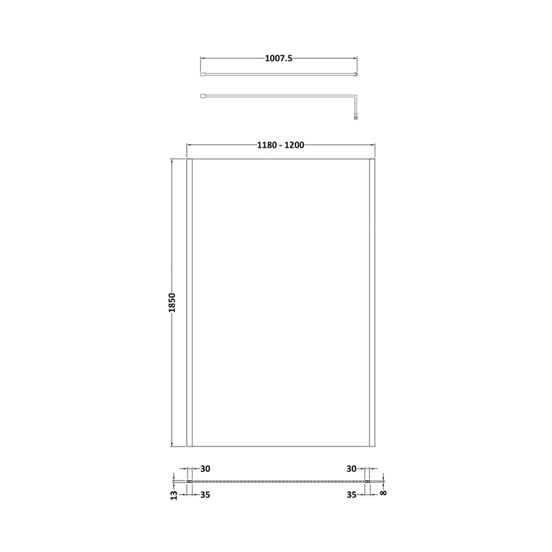 Nuie 1200mm Wetroom Screen Outer Frame 1850x8mm - Brushed Pewter Contemporary Aluminium 1850x1198x13mm