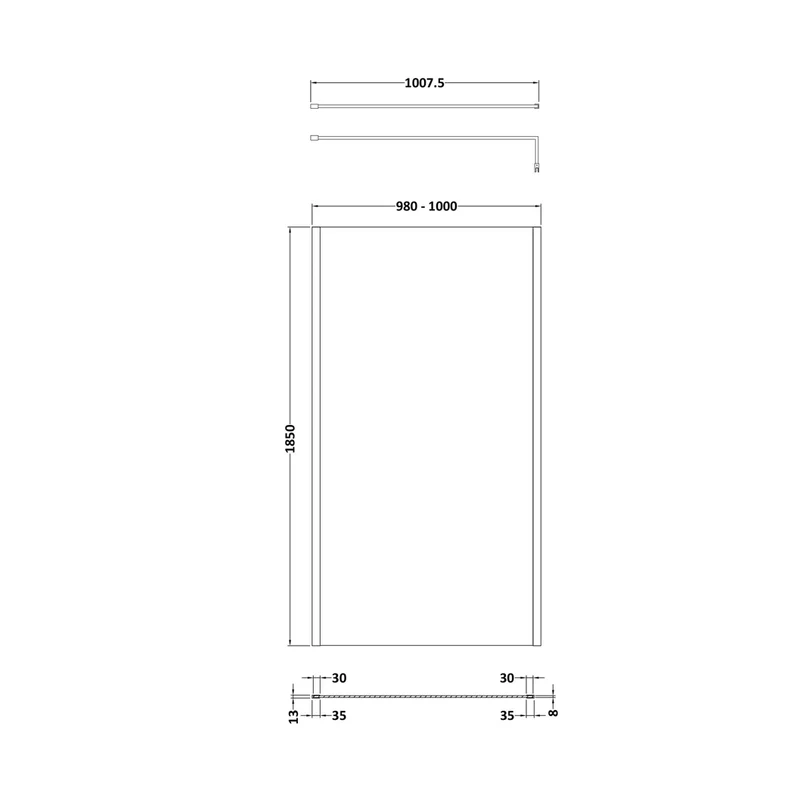 Nuie 1000mm Wetroom Screen Outer Frame 1850x8mm - Brushed Pewter Contemporary Aluminium 1850x998x14mm