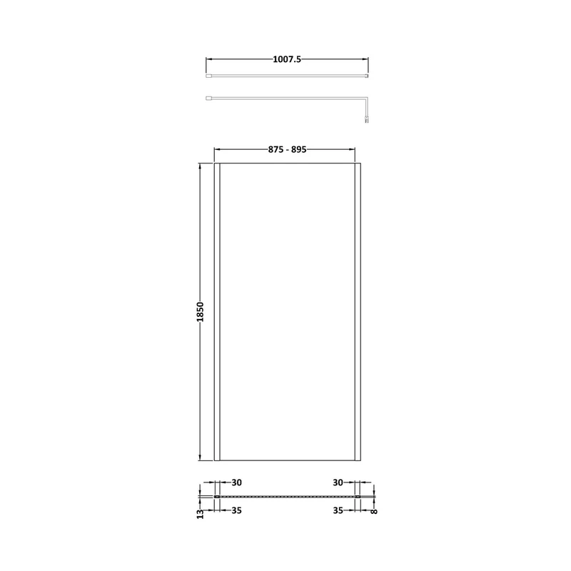 Nuie 900mm Outer Framed Wetroom Screen With Support Bar Contemporary Matt Black Aluminium 1850x900x14mm