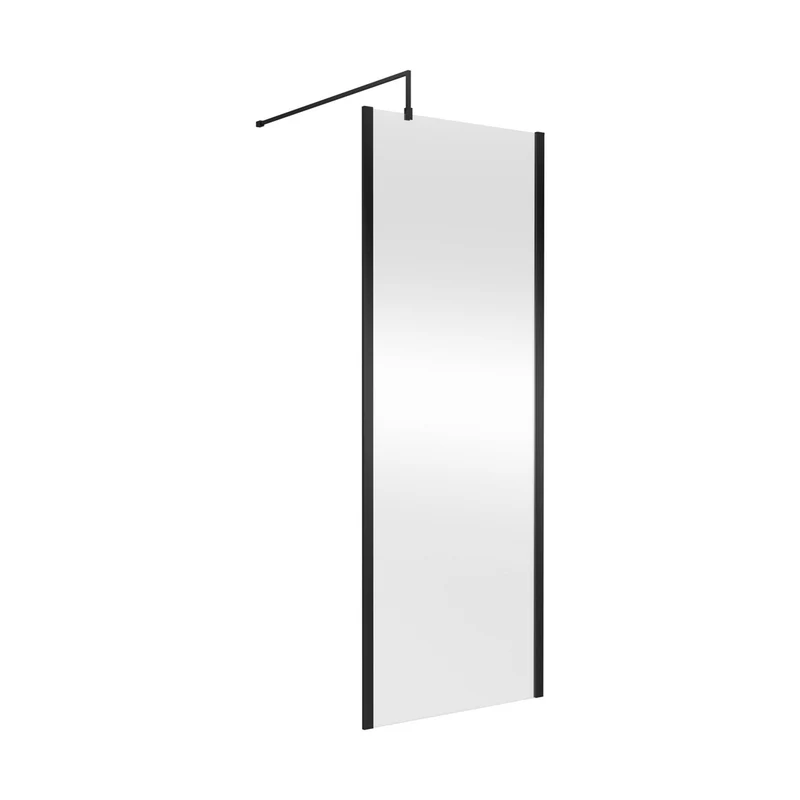 Nuie 760mm Outer Framed Wetroom Screen With Support Bar Contemporary Matt Black Aluminium 1850x760x14mm