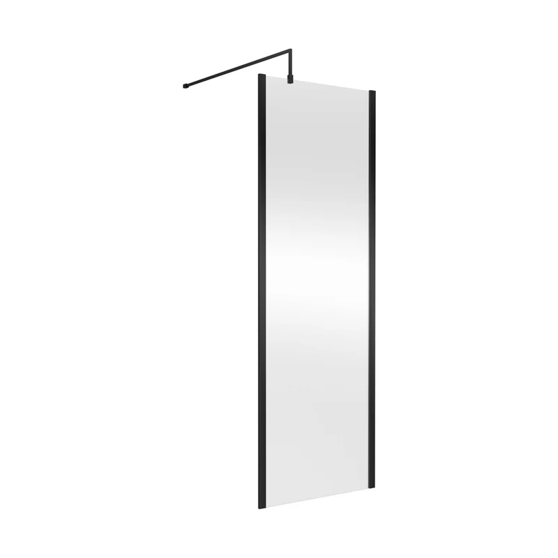 Nuie 700mm Outer Framed Wetroom Screen With Support Bar Contemporary Matt Black Aluminium 1850x700x14mm