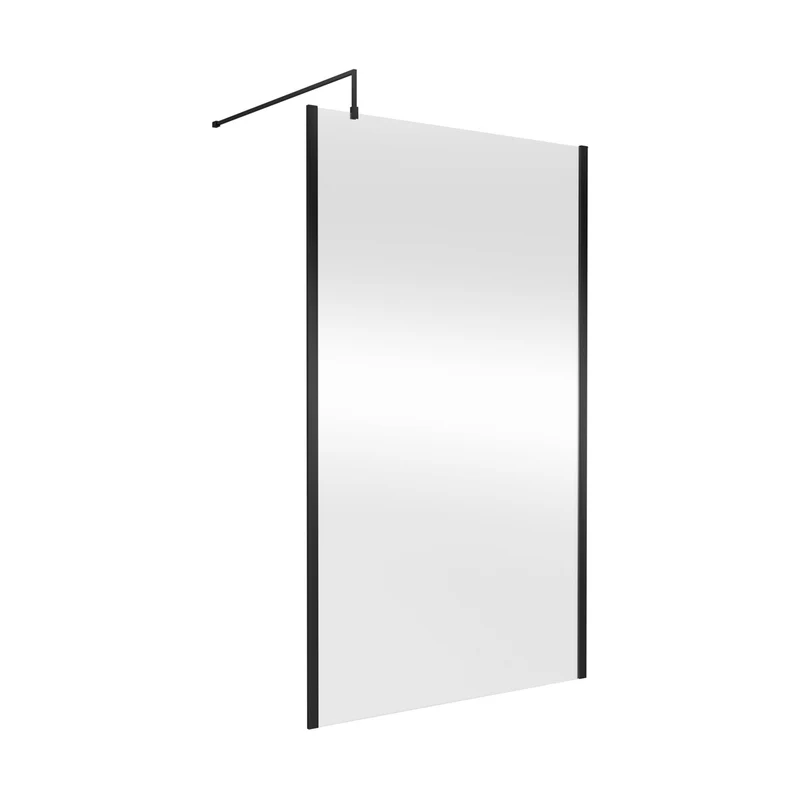 Nuie 1200mm Outer Framed Wetroom Screen With Support Bar Contemporary Matt Black Aluminium 1850x1200x14mm