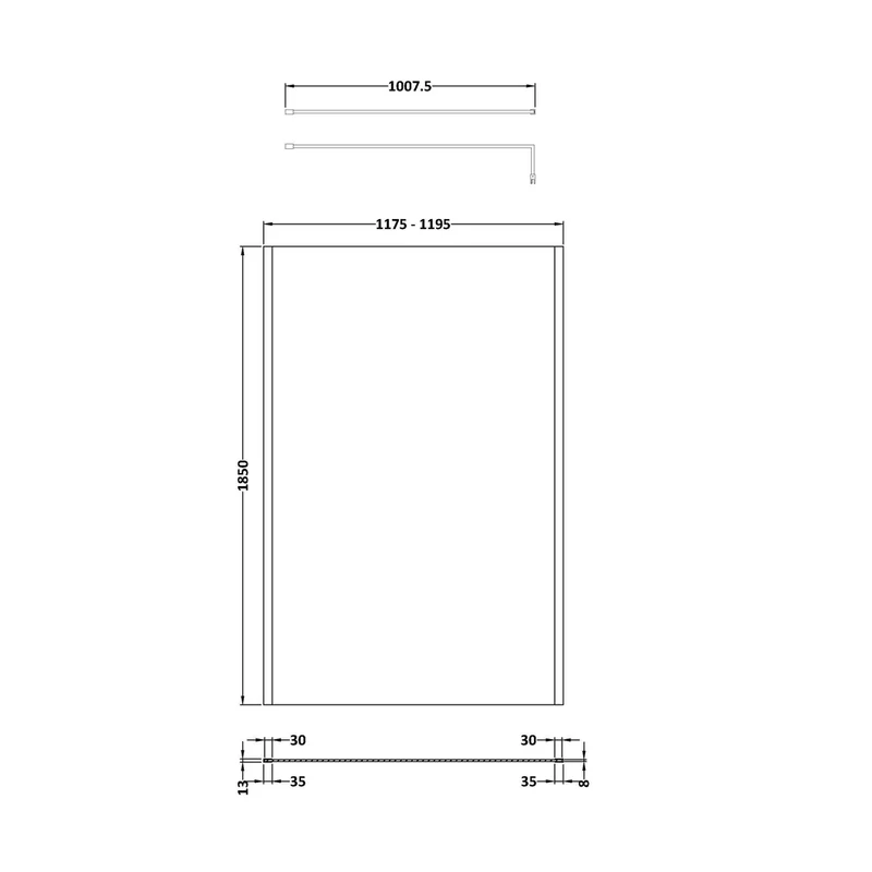 Nuie 1200mm Outer Framed Wetroom Screen With Support Bar Contemporary Matt Black Aluminium 1850x1200x14mm