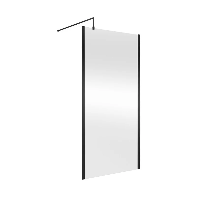 Nuie 1000mm Outer Framed Wetroom Screen With Support Bar Contemporary Matt Black Aluminium 1850x1000x14mm