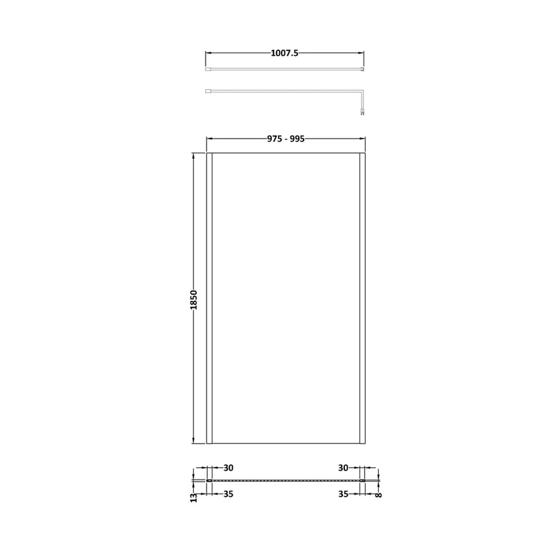 Nuie 1000mm Outer Framed Wetroom Screen With Support Bar Contemporary Matt Black Aluminium 1850x1000x14mm