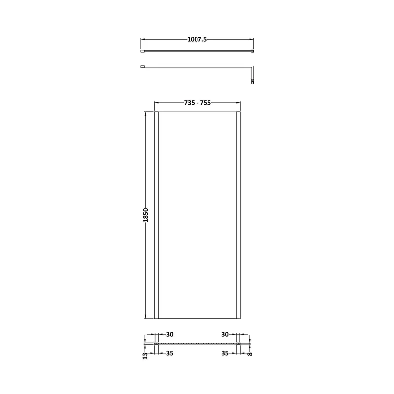 Nuie 760mm Outer Framed Wetroom Screen With Support Bar Contemporary Brushed Brass Aluminium 1850x760x14mm