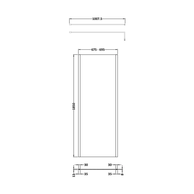 Nuie 700mm Outer Framed Wetroom Screen With Support Bar Contemporary Brushed Brass Aluminium 1850x700x14mm