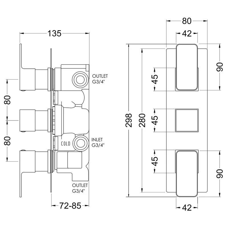 Cape Brushed Brass 3 Outlet Concealed Thermostatic Valve