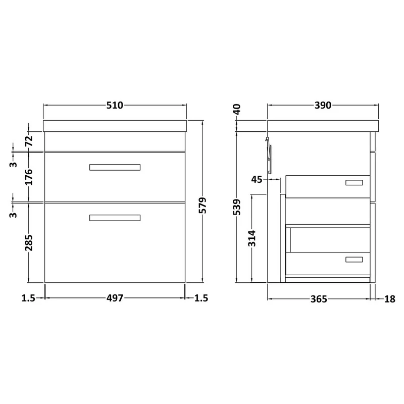 Cape 500mm Wall Hung 2 Drawer Vanity Unit & Mid-Edge Basin - Gloss White
