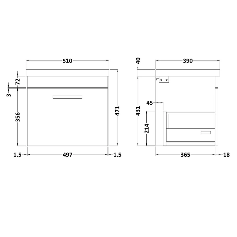 Cape 500mm Wall Hung Single Drawer Vanity Unit & Mid-Edge Basin - Gloss White