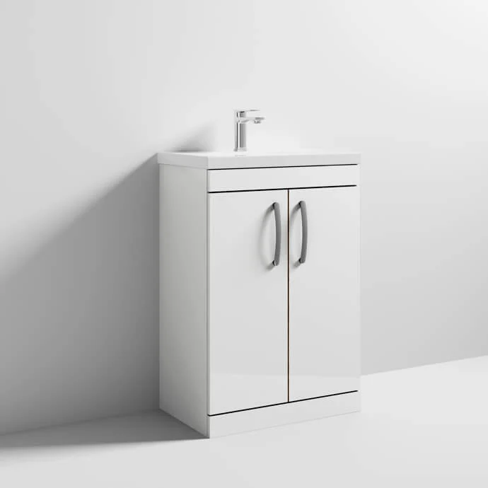 Cape 600mm Floor Standing 2 Door Vanity Unit & Mid-Edge Basin - Gloss White
