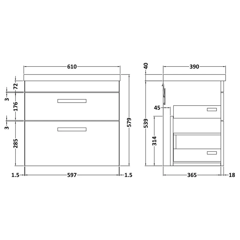 Cape 600mm Wall Hung 2 Drawer Vanity Unit & Mid-Edge Basin - Gloss White