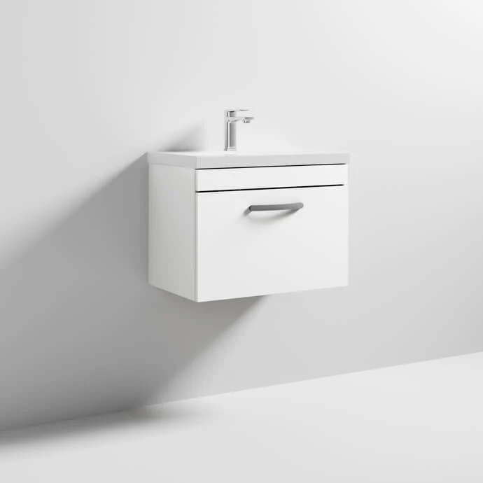 Cape 600mm Wall Hung Single Drawer Vanity Unit & Mid-Edge Basin - Gloss White
