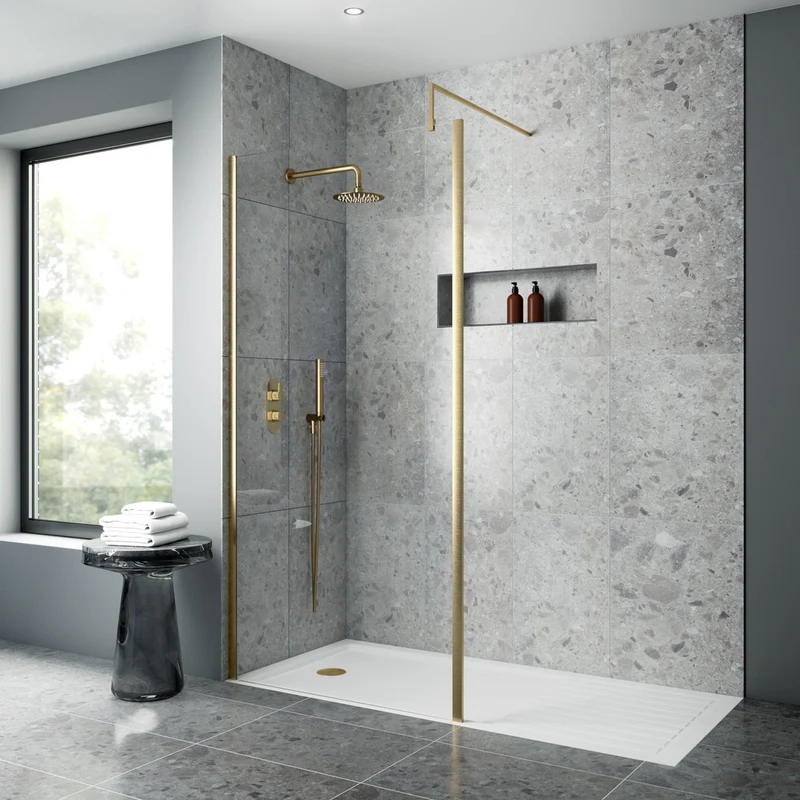 Nuie 1200mm Outer Framed Wetroom Screen With Support Bar Contemporary Brushed Brass Aluminium 1850x1200x14mm