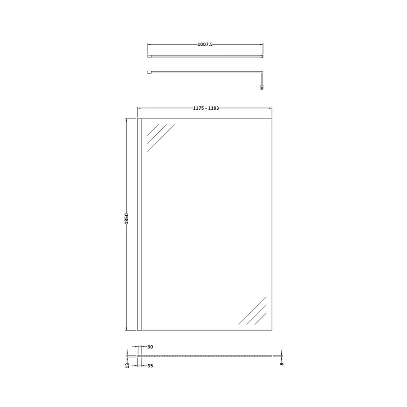 Nuie Wetroom Screen 1200x1850x8mm - Brushed Pewter Contemporary Aluminium 1850x1198x14mm