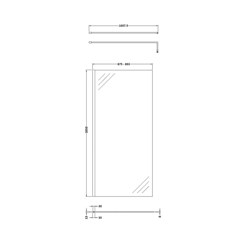 Nuie 900mm Wetroom Screen With Support Bar Contemporary Matt Black Aluminium 1850x900x14mm