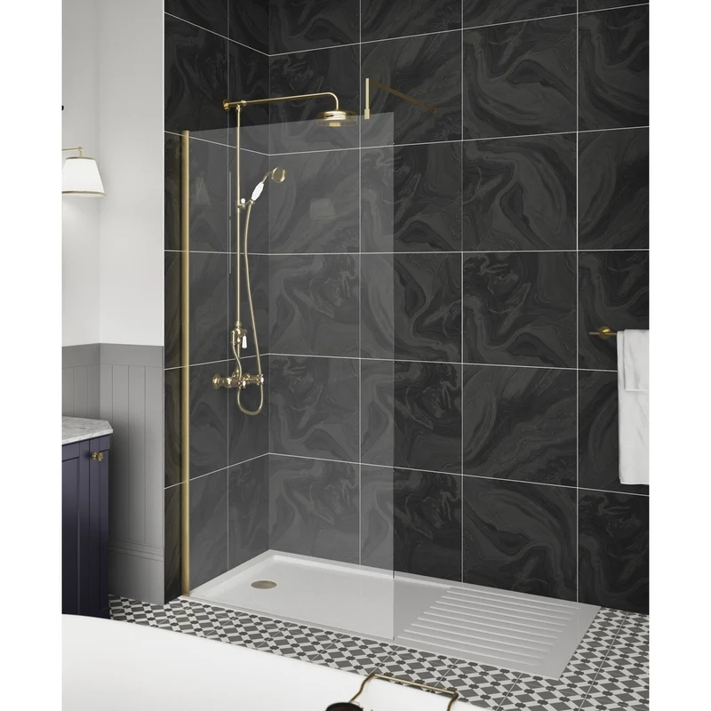 Nuie 900mm Wetroom Screen With Support Bar Contemporary Brushed Brass Aluminium 1850x900x14mm