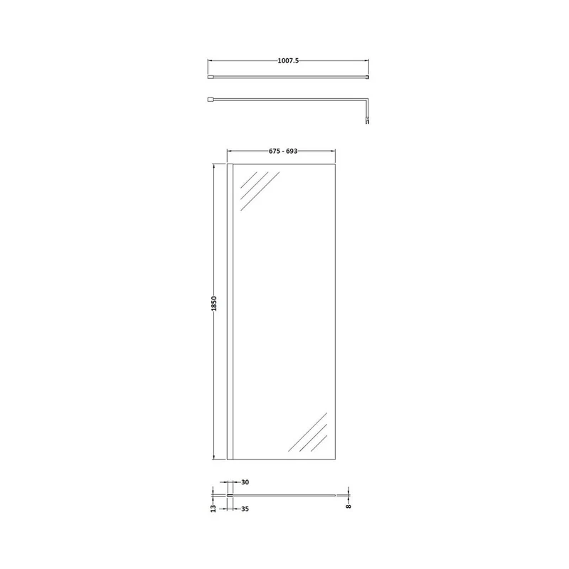 Nuie 700mm Wetroom Screen With Support Bar Contemporary Brushed Brass Aluminium 1850x700x14mm