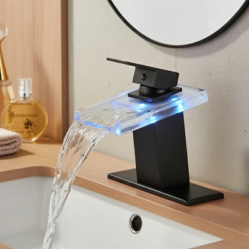 Robinet salle de bain lavabo cascade lumineuse - Noir - Laiton