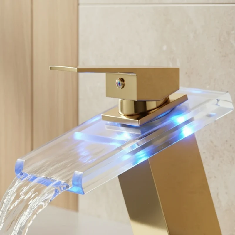 Robinet salle de bain lavabo cascade lumineuse - Doré - Laiton