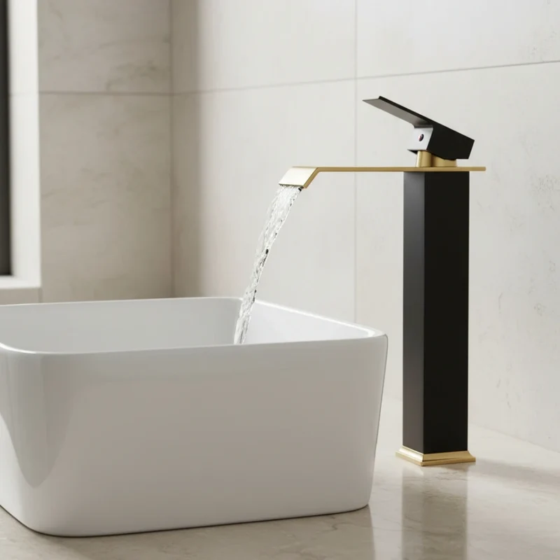 Robinet salle de bain lavabo carré moderne finitions dorées - Noir - Laiton