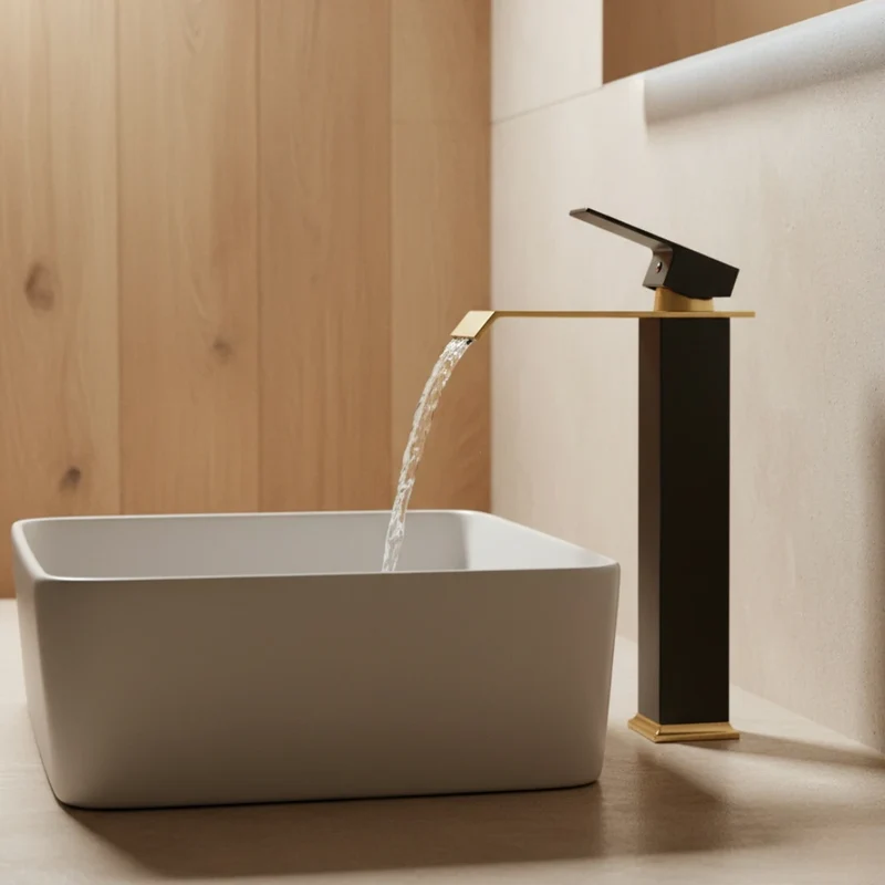 Robinet salle de bain lavabo carré moderne finitions dorées - Noir - Laiton