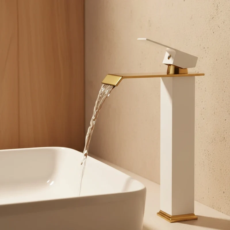Robinet salle de bain lavabo carré moderne finitions dorées - Blanc - Laiton