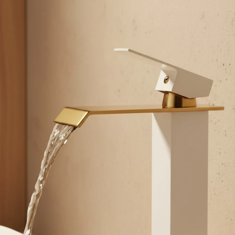 Robinet salle de bain lavabo carré moderne finitions dorées - Blanc - Laiton