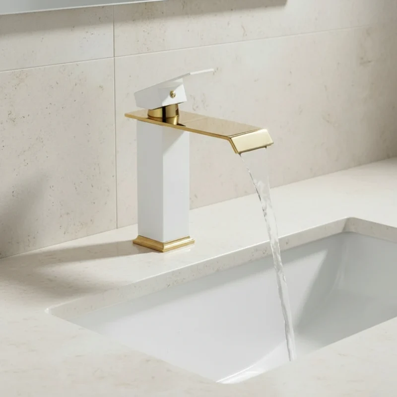 Robinet salle de bain lavabo carré moderne finitions dorées - Blanc - Laiton