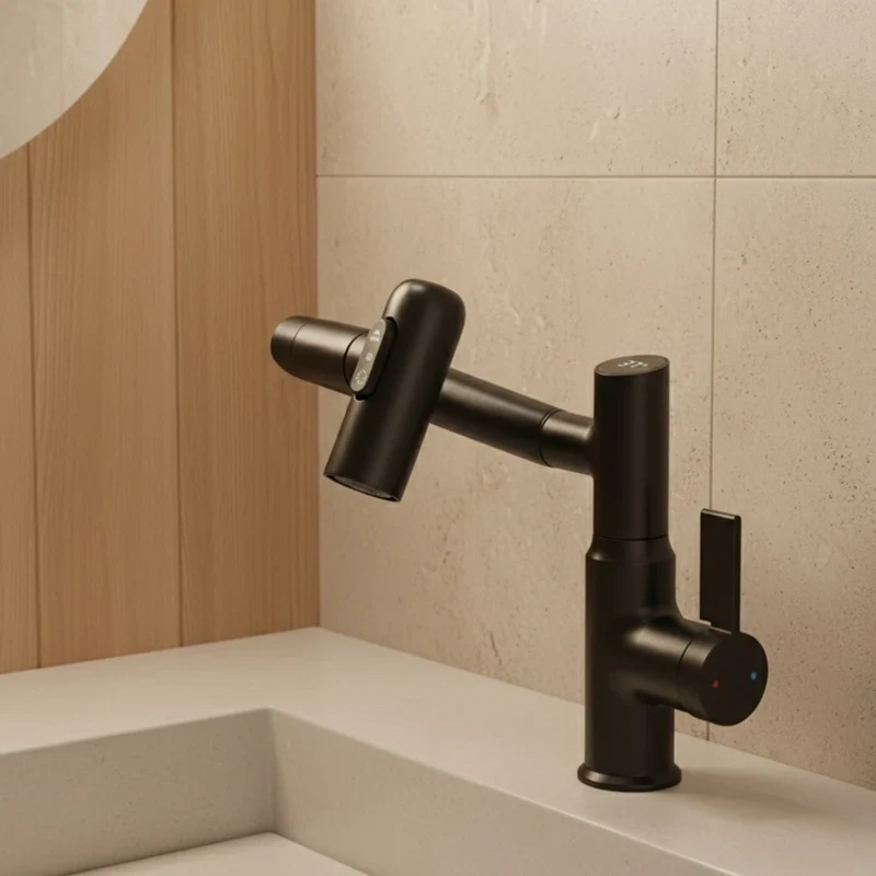 Robinet salle de bain lavabo affichage température numérique pivotant 3 jets - Noir