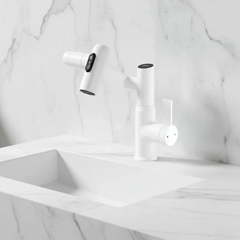 Robinet salle de bain lavabo affichage température numérique pivotant 3 jets - Blanc