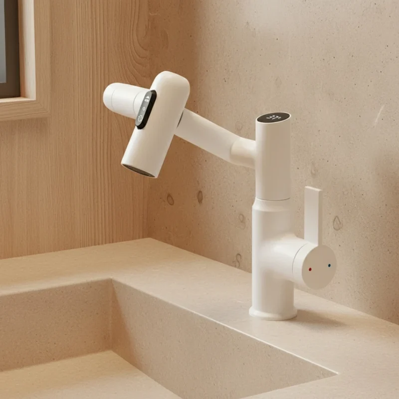 Robinet salle de bain lavabo affichage température numérique pivotant 3 jets - Blanc